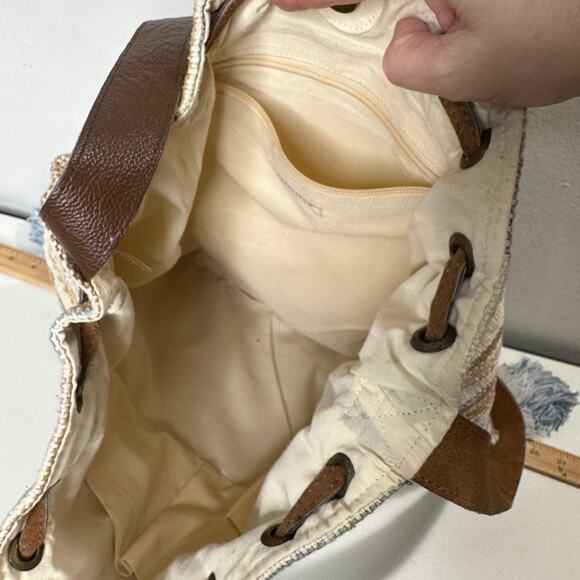 Lovestitch Tan Multicolor Striped Canvas Boho Bag Drawstring Snap Closure - Picture 13 of 16